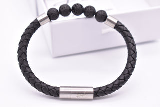 Parisi Armband - schwarzem geflochtenem Leder - Lavasteine - Mann - Herren - Inkl. Weiße Schmuckschachtel