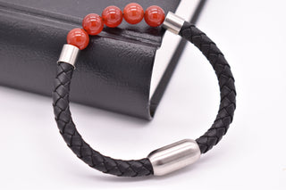 Parisi Armband - schwarzem geflochtenem Leder - Rote Jadesteine - Mann - Herren - Inkl. Weiße Schmuckschachtel