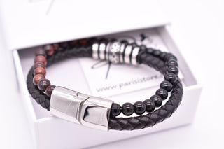 Parisi Armband - Schwarzes Lederarmband - Edelstahlschließe - Braune Tigeraugensteine - Mann - Herren - Inkl. Weiße Schmuckschachtel