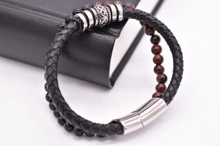 Parisi Armband - Schwarzes Lederarmband - Edelstahlschließe - Braune Tigeraugensteine - Mann - Herren - Inkl. Weiße Schmuckschachtel