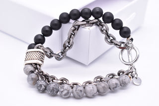 Parisi Armband- Edelstahl Kette - Grauer Jaspis  und Schwarzer Achat Natursteine - Mann - Herren - Inkl. Weiße Schmuckschachtel