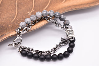 Parisi Armband- Edelstahl Kette - Grauer Jaspis  und Schwarzer Achat Natursteine - Mann - Herren - Inkl. Weiße Schmuckschachtel