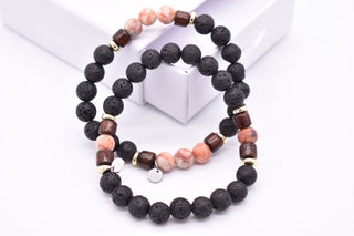 Parisi Armbänder - Lavastein - Rosa Quarz Natursteine - Ringe aus Holz - Frauen - Mann - Herren - Inkl. Weiße Schmuckschachtel