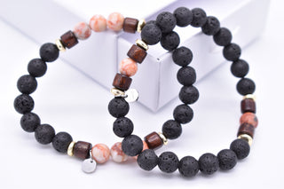 Parisi Armbänder - Lavastein - Rosa Quarz Natursteine - Ringe aus Holz - Frauen - Mann - Herren - Inkl. Weiße Schmuckschachtel