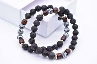 Parisi Armbänder - Lavastein - schwarz weißer Naturstein - Ringe aus Holz - Frauen - Mann - Herren - Inkl. Weiße Schmuckschachtel