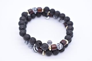 Parisi Armbänder - Lavastein - schwarz weißer Naturstein - Ringe aus Holz - Frauen - Mann - Herren - Inkl. Weiße Schmuckschachtel