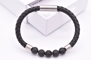 Parisi Armband - schwarzem geflochtenem Leder - Lavasteine - Mann - Herren - Inkl. Weiße Schmuckschachtel