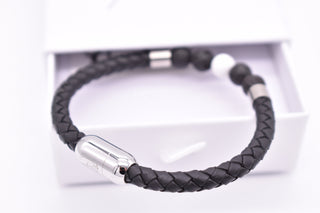 Parisi Armband - schwarzem geflochtenem Leder - Lavasteine- Howlite Steine - Mann - Herren - Inkl. Weiße Schmuckschachtel