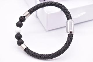 Parisi Armband - schwarzem geflochtenem Leder - Lavasteine- Howlite Steine - Mann - Herren - Inkl. Weiße Schmuckschachtel