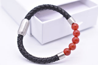 Parisi Armband - schwarzem geflochtenem Leder - Rote Jadesteine - Mann - Herren - Inkl. Weiße Schmuckschachtel