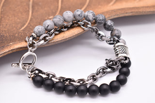 Parisi Armband- Edelstahl Kette - Grauer Jaspis  und Schwarzer Achat Natursteine - Mann - Herren - Inkl. Weiße Schmuckschachtel