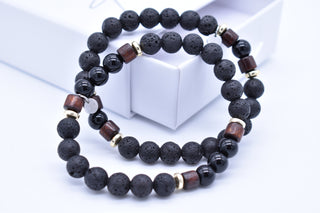 Parisi Armbänder - Lavastein - Schwarze Achat Natursteine - Ringe aus Holz - Frauen - Mann - Herren - Inkl. Weiße Schmuckschachtel