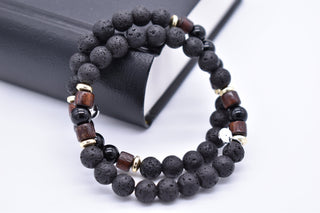Parisi Armbänder - Lavastein - Schwarze Achat Natursteine - Ringe aus Holz - Frauen - Mann - Herren - Inkl. Weiße Schmuckschachtel