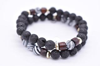 Parisi Armbänder - Lavastein - schwarz weißer Naturstein - Ringe aus Holz - Frauen - Mann - Herren - Inkl. Weiße Schmuckschachtel