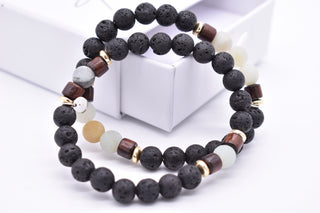 Parisi Armbänder - Lavastein - Hellgrüner Achat Naturstein - Ringe aus Holz - Frauen - Mann - Herren - Inkl. Weiße Schmuckschachtel